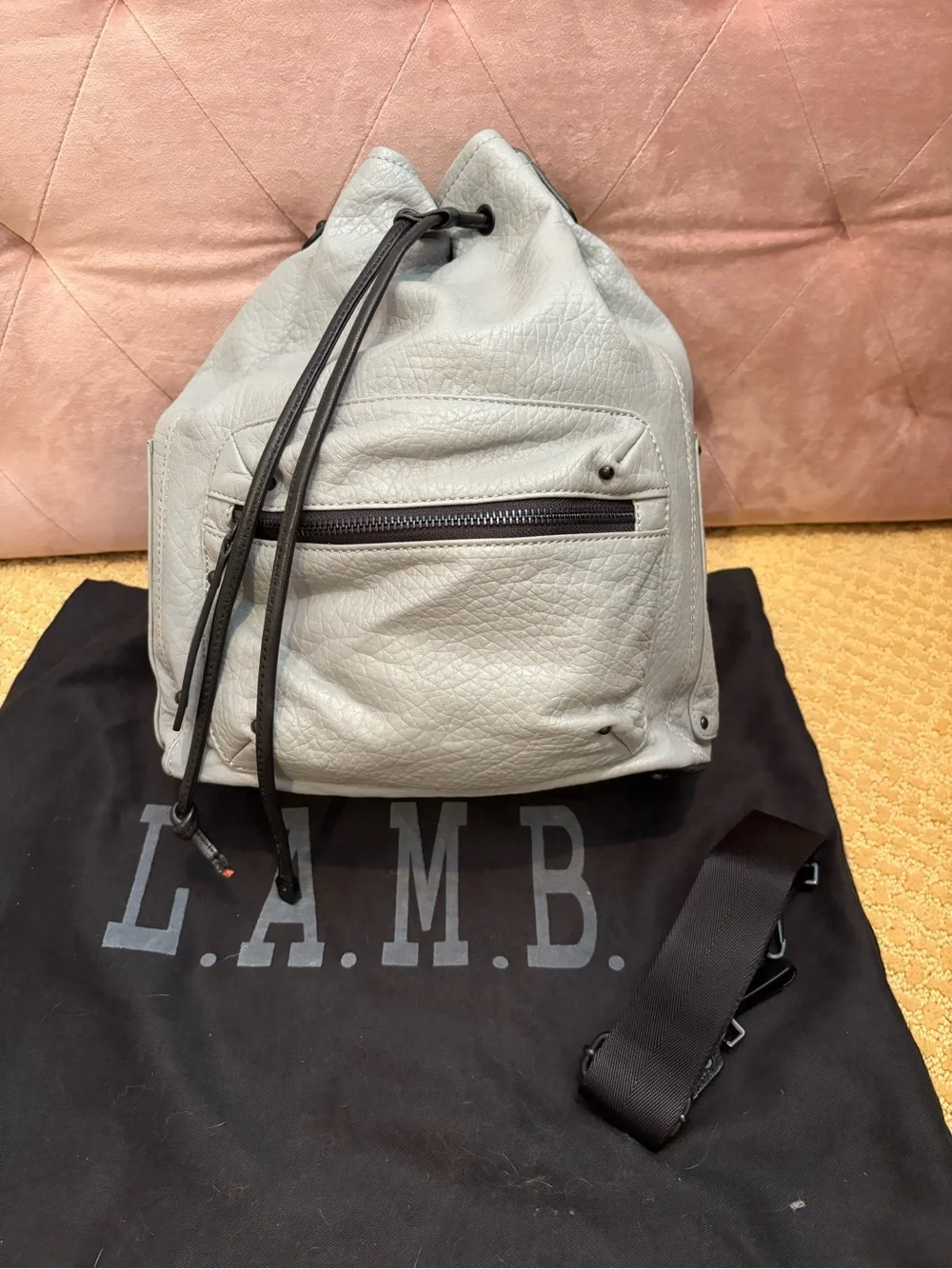 L.A.M.B. Light Gray Leather Drawstring Bucket Bag